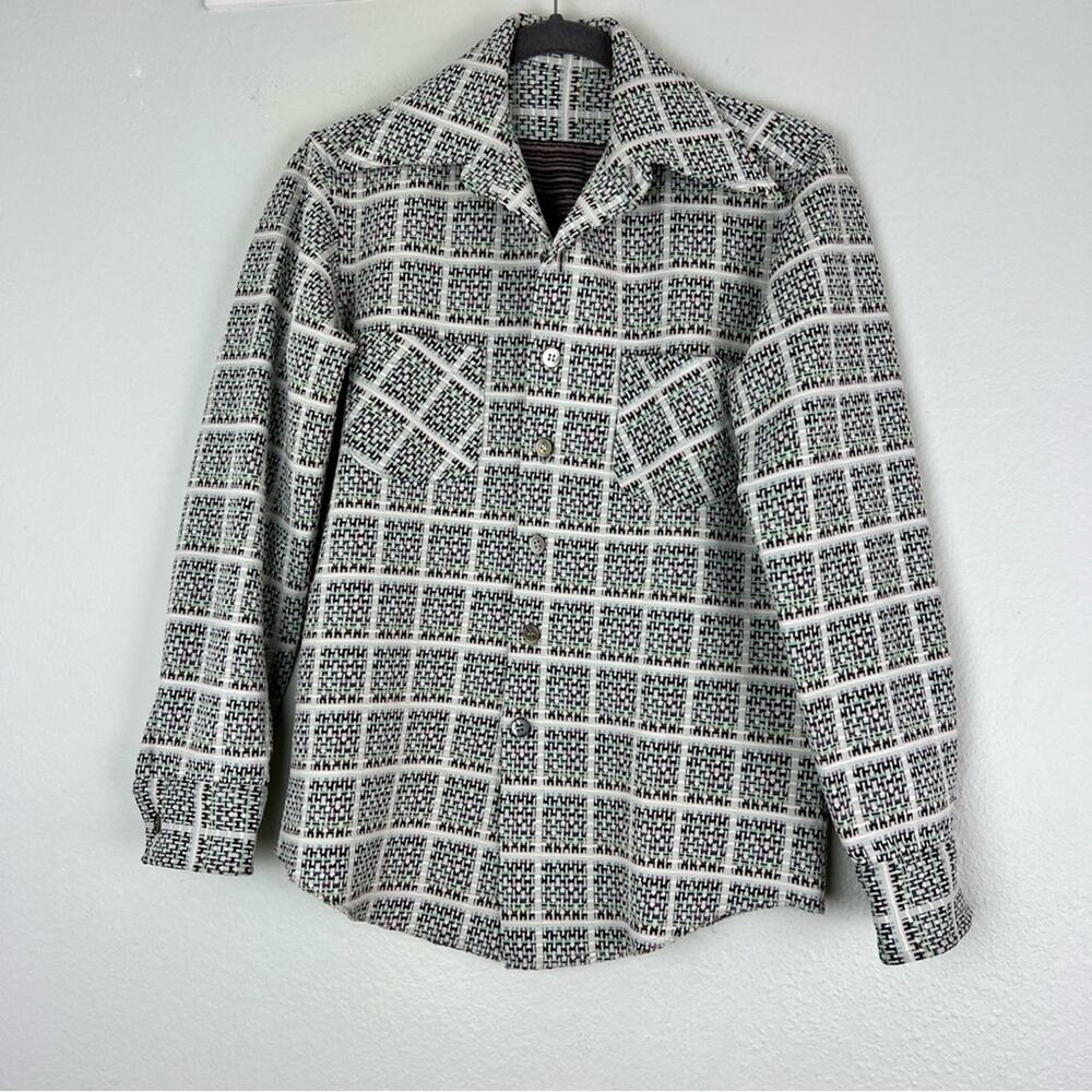 Vintage 70s Handmade Plaid Gray Button Down Overshirt Unisex Neutral Minimalist